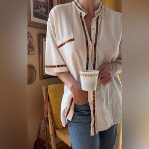 Vintage White Cotton Embroidered Trim Shirt | Festival Boho Button Down Top